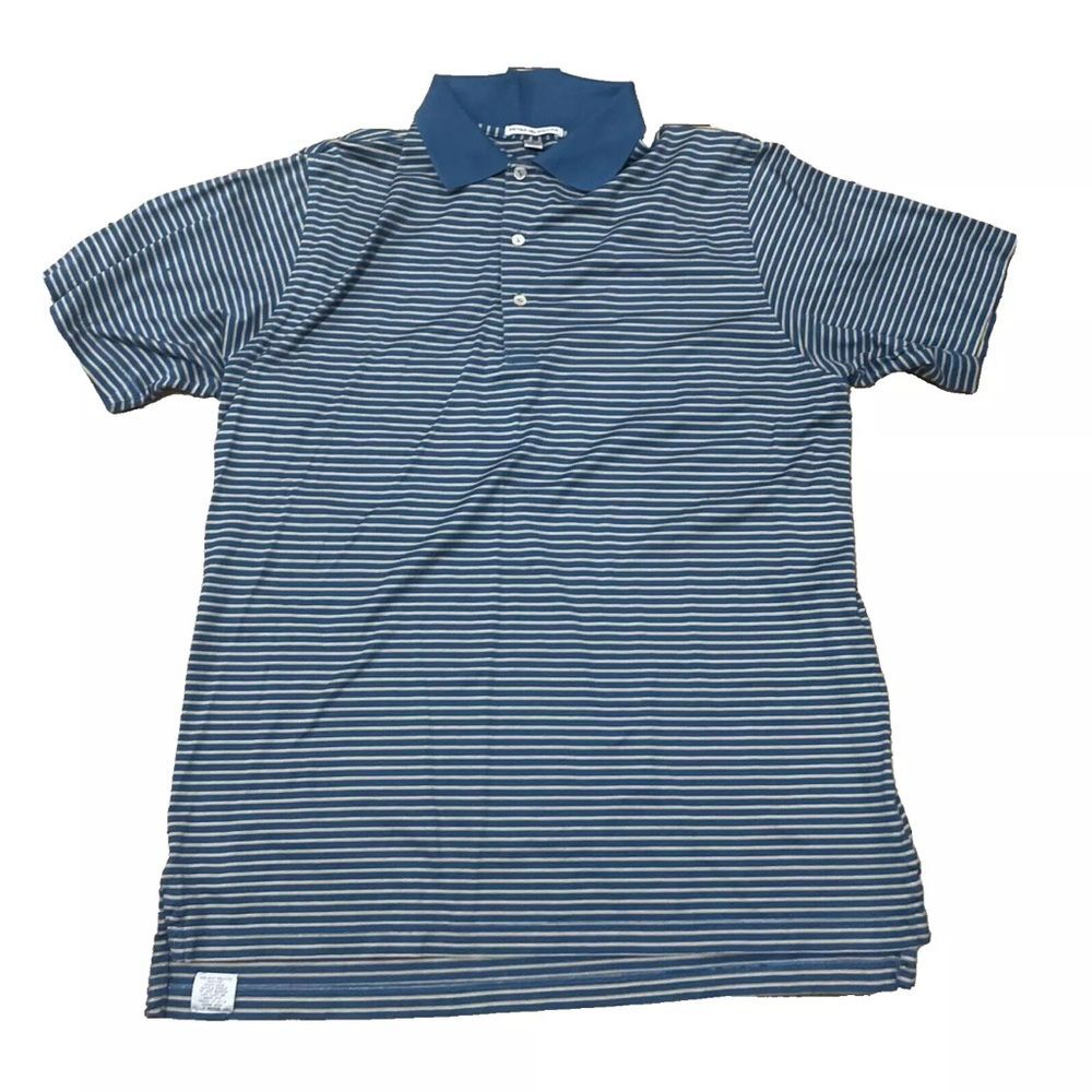 PETER MILLAR Polo Shirt Men L Blue Yellow Stripe San Gabriel Country Club Golf